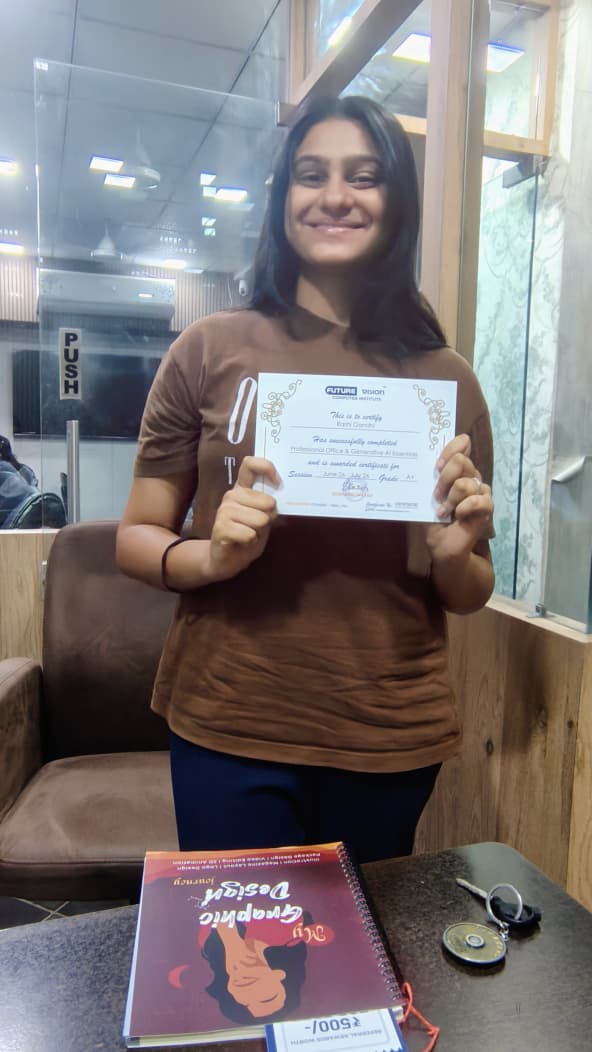 Rashi Gandhi holding her Future Vision certificate
