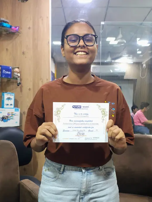 Vrinda Rakhecha holding her Future Vision certificate