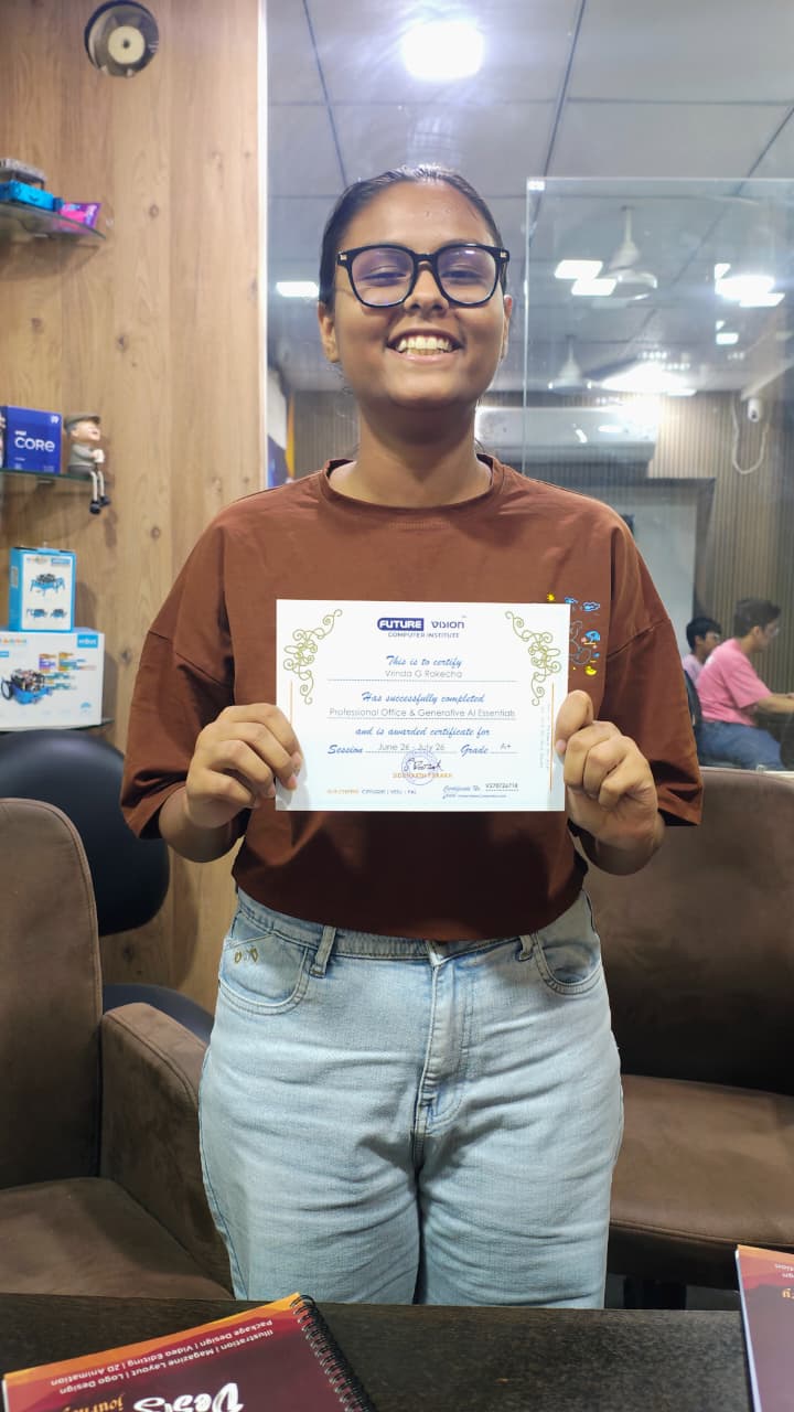 Vrinda Rakhecha holding her Future Vision certificate