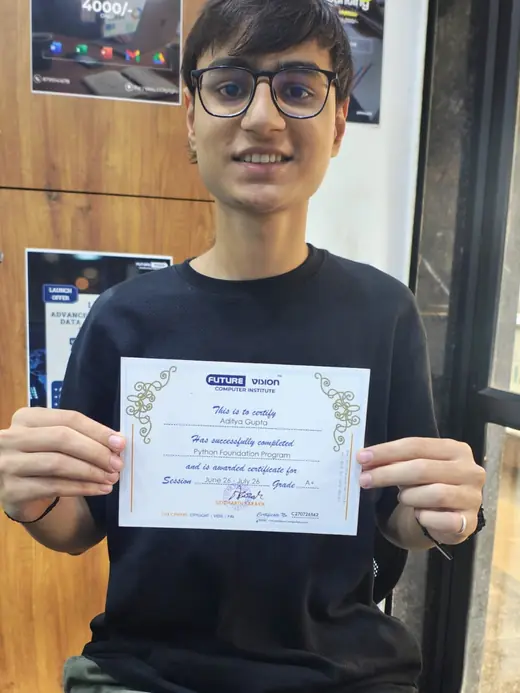 Aditya Gupta holding his Future Vision certificate
