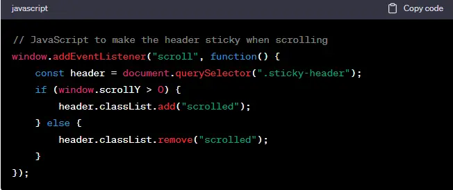 front end development course, JavaScript Code for sticky header