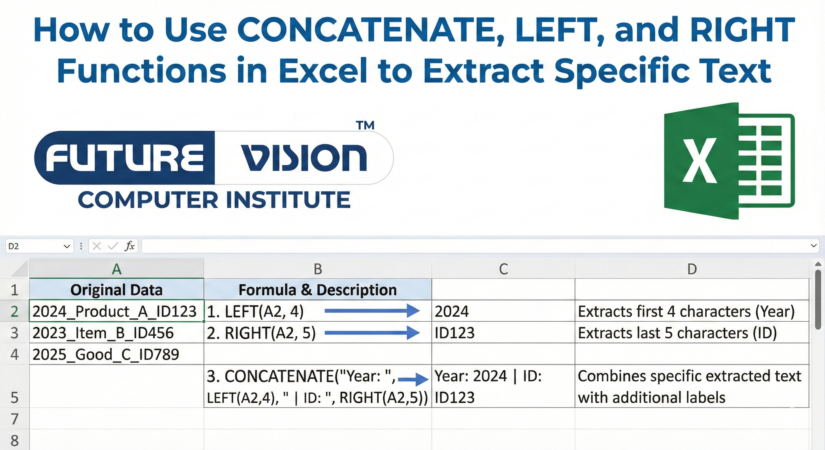 CONCATENATE LEFT and RIGHT functions in Excel explained with examples. Learn advanced Excel at best institute for advanced Excel training.